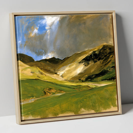 Green Valley Under Storm Light lake district valley canvas wall art in natural frame