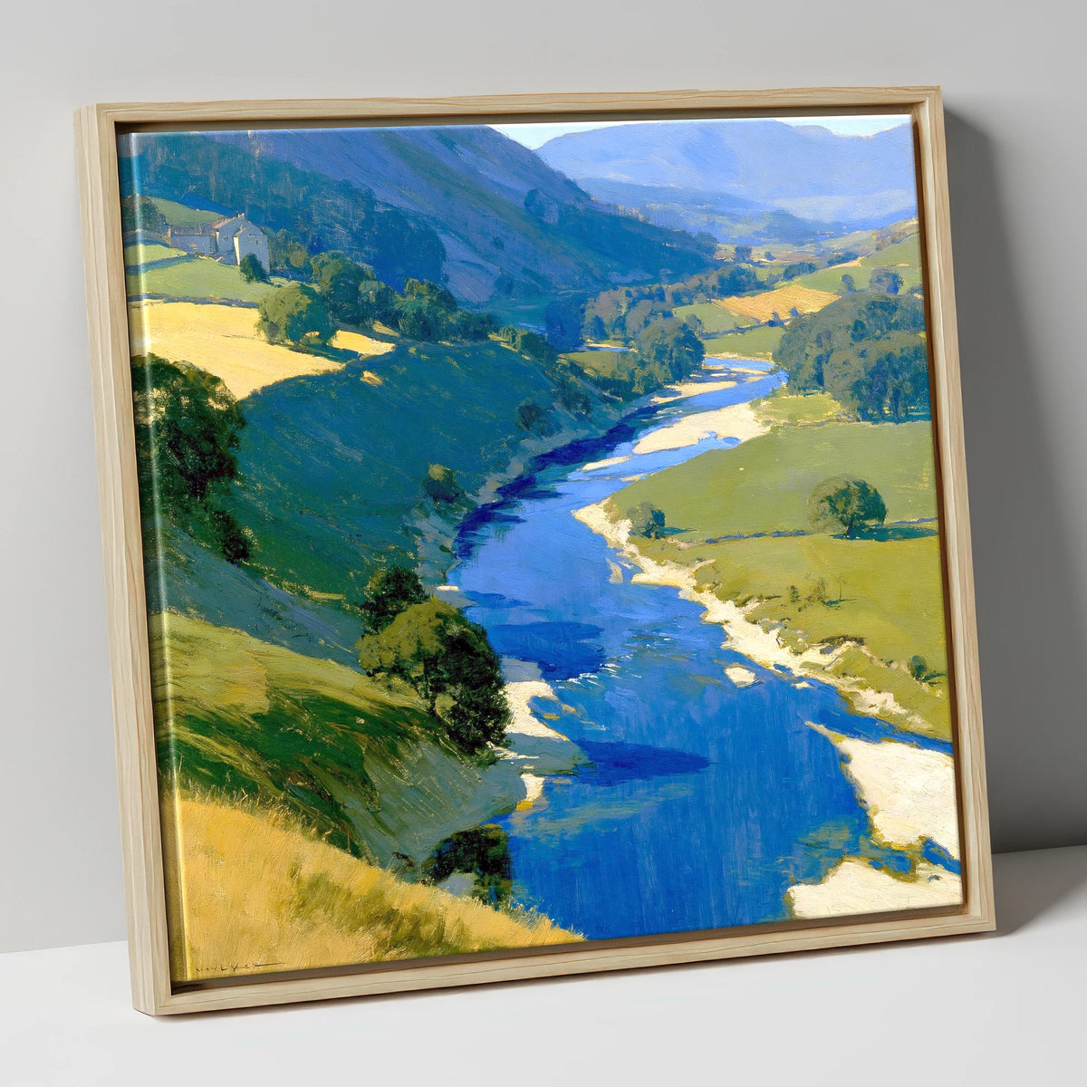 Vivid Winding River Valley lake district waterfall canvas wall art in natural frame
