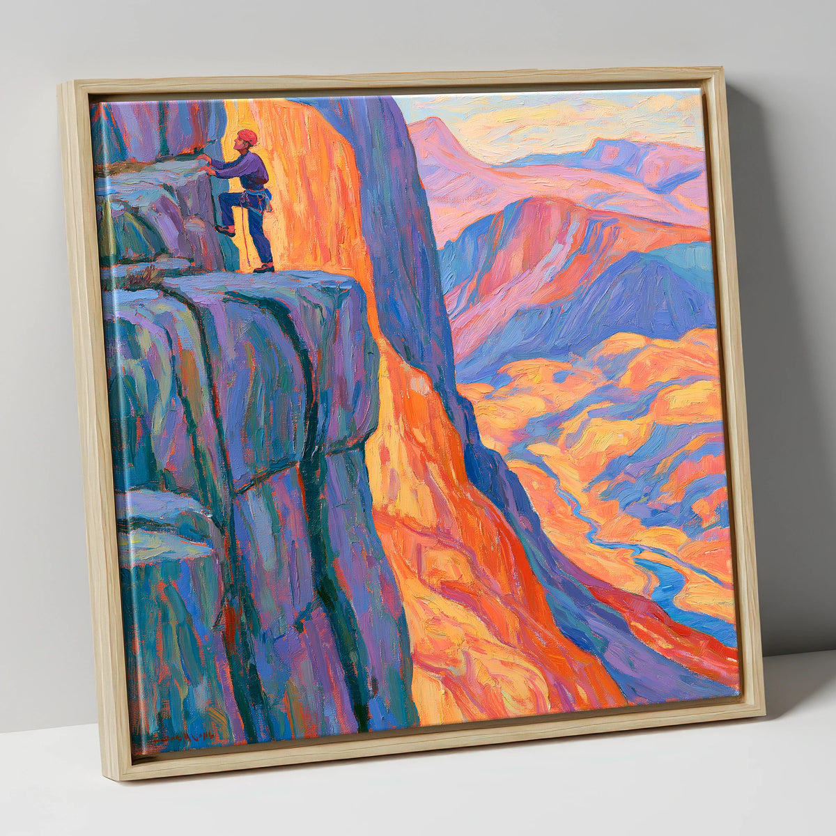 Vibrant Rock Climber on Sunset Crag lake district walking canvas wall art in natural frame