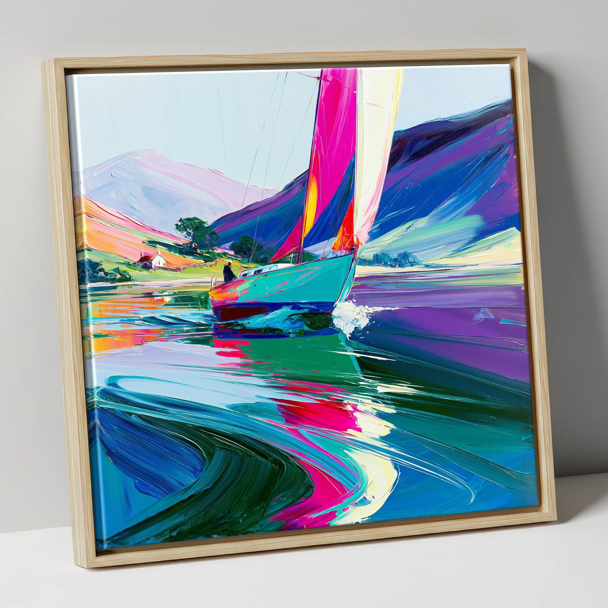 Bright Sails on a Breezy Lake lake district walking canvas wall art in natural frame