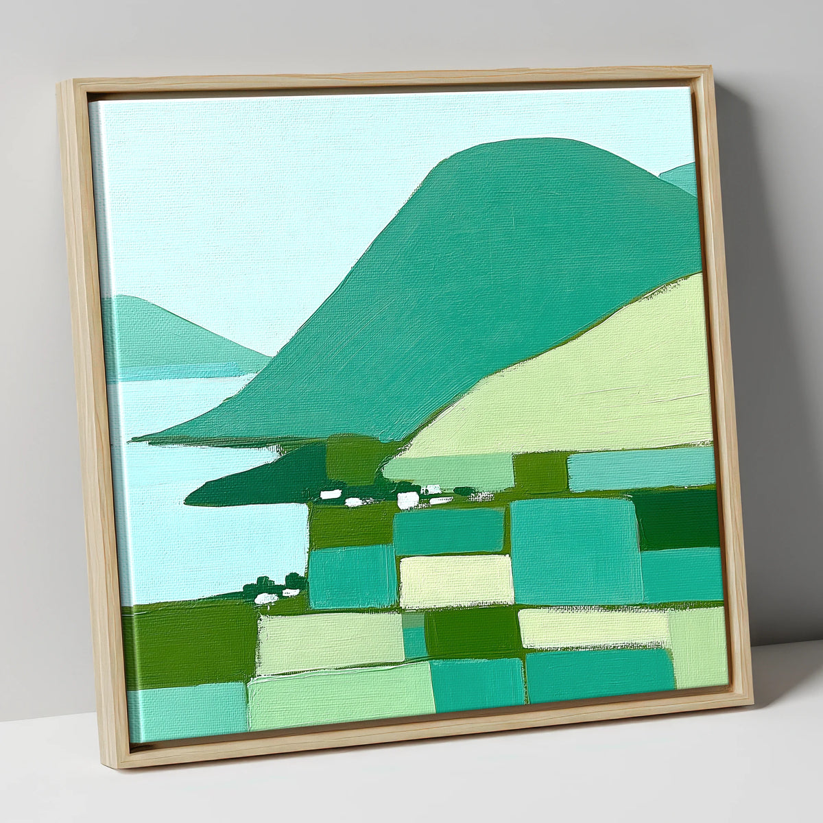 Geometric Greens of Glenridding Village lake district village canvas wall art in natural frame