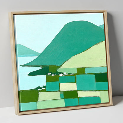 Geometric Greens of Glenridding Village lake district village canvas wall art in natural frame