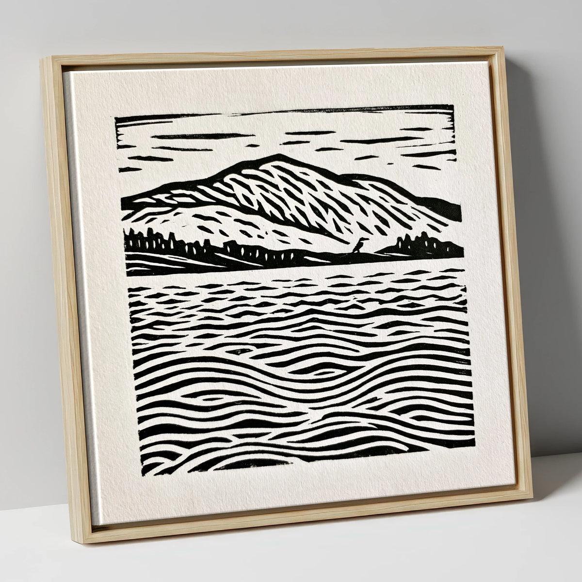 Coniston Water Monochrome Waves lake district lake canvas wall art in natural frame