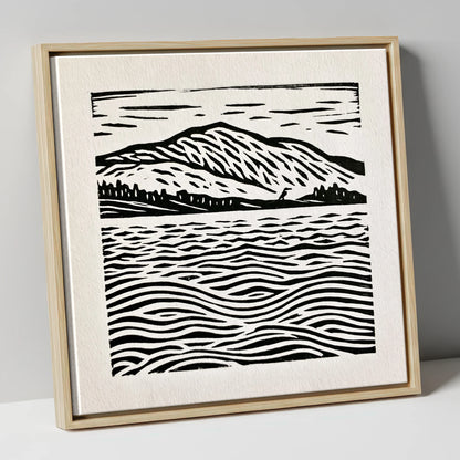 Coniston Water Monochrome Waves lake district lake canvas wall art in natural frame