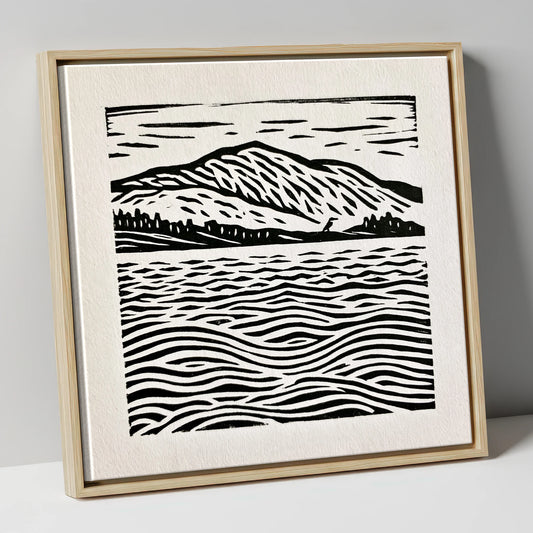 Coniston Water Monochrome Waves lake district lake canvas wall art in natural frame