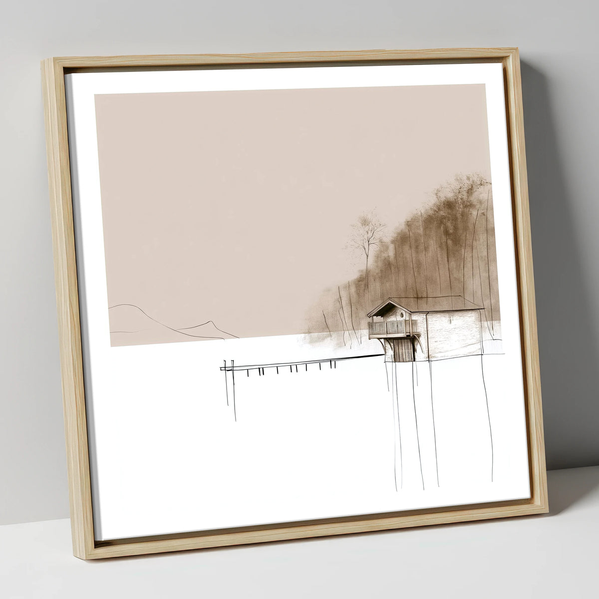 Pooley Bridge Boathouse in Taupe lake district village canvas wall art in natural frame