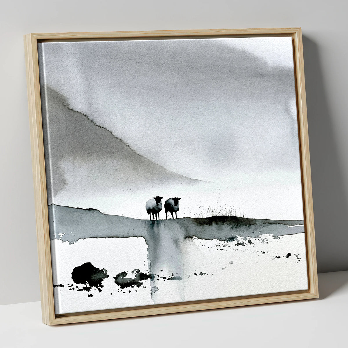 Monochrome Herdwick Sheep on Fellside lake district wildlife canvas wall art in natural frame