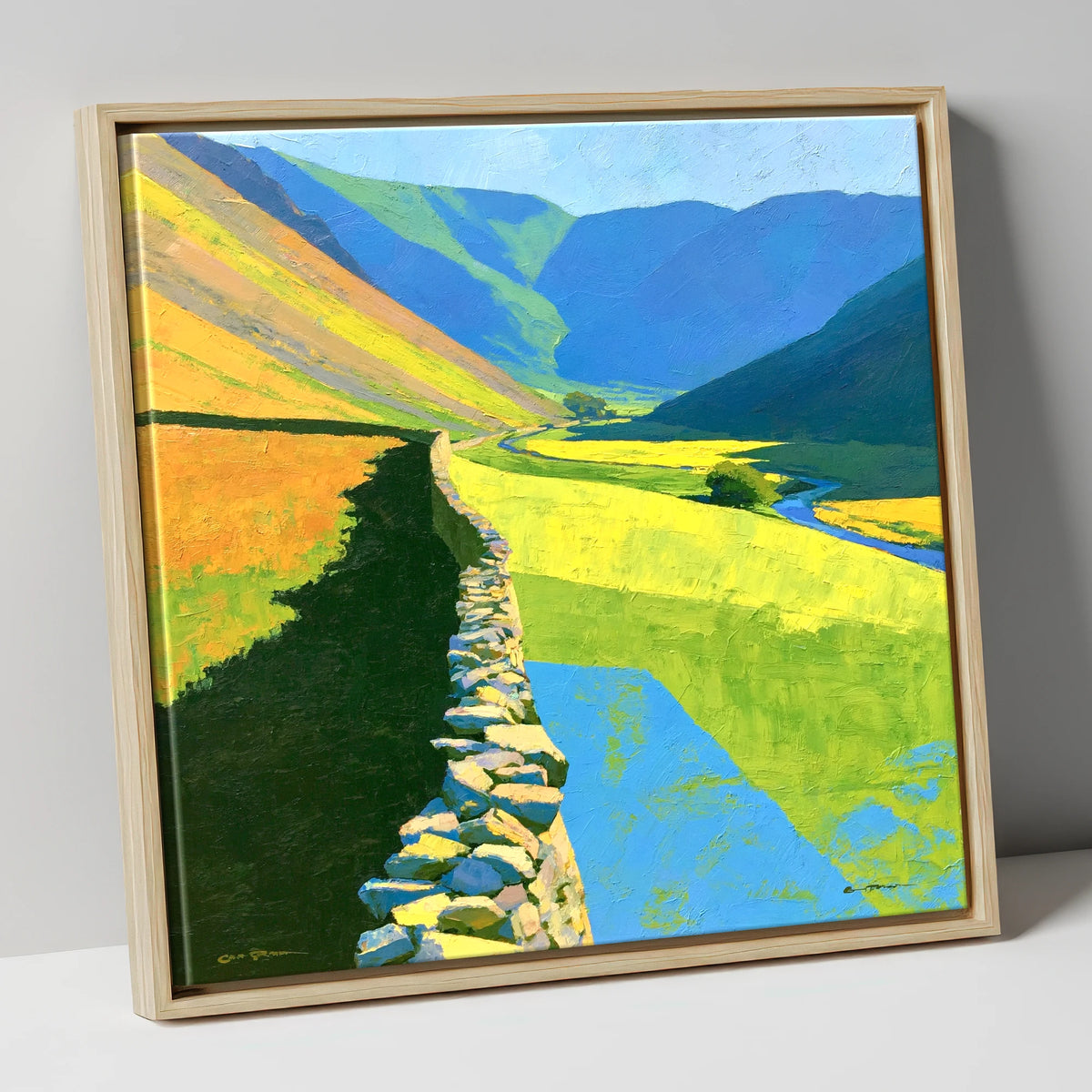 Drystone Wall Through Vibrant Valley lake district valley canvas wall art in natural frame