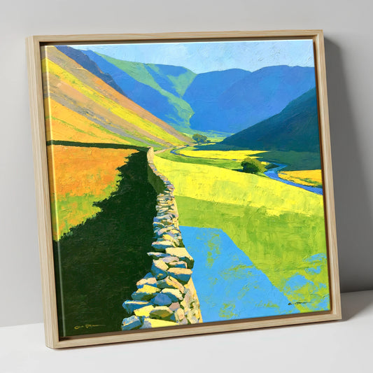 Drystone Wall Through Vibrant Valley lake district valley canvas wall art in natural frame