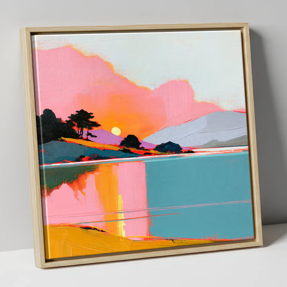 Pink Sunset Over Lake Water lake district lake canvas wall art in natural frame