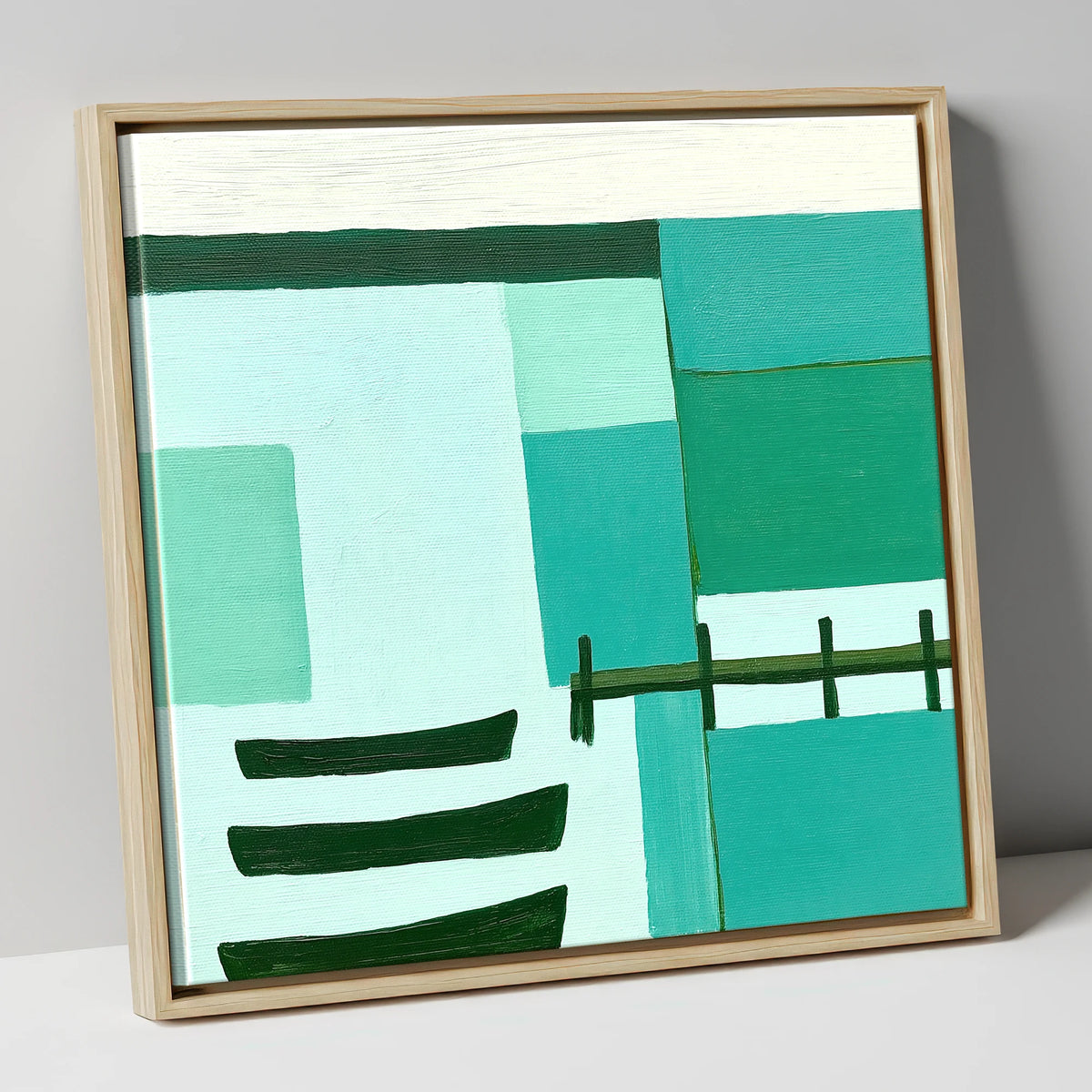 Abstract Teal Windermere Boats lake district lake canvas wall art in natural frame