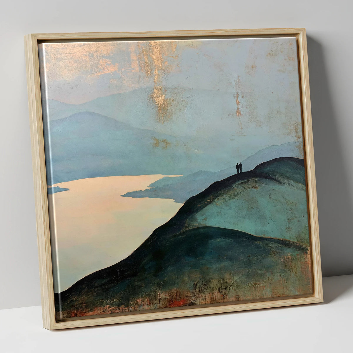 Silhouetted Walkers on Catbells Ridge lake district fell canvas wall art in natural frame