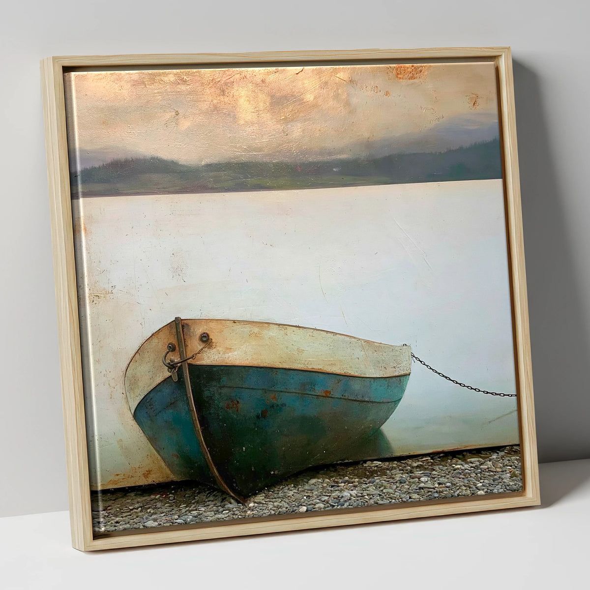 Grounded Boat on Misty Windermere lake district lake canvas wall art in natural frame