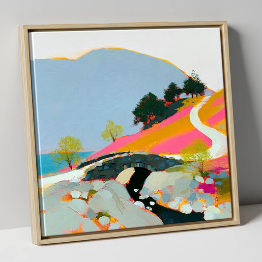 Bold Colours at Ashness Bridge lake district waterfall canvas wall art in natural frame