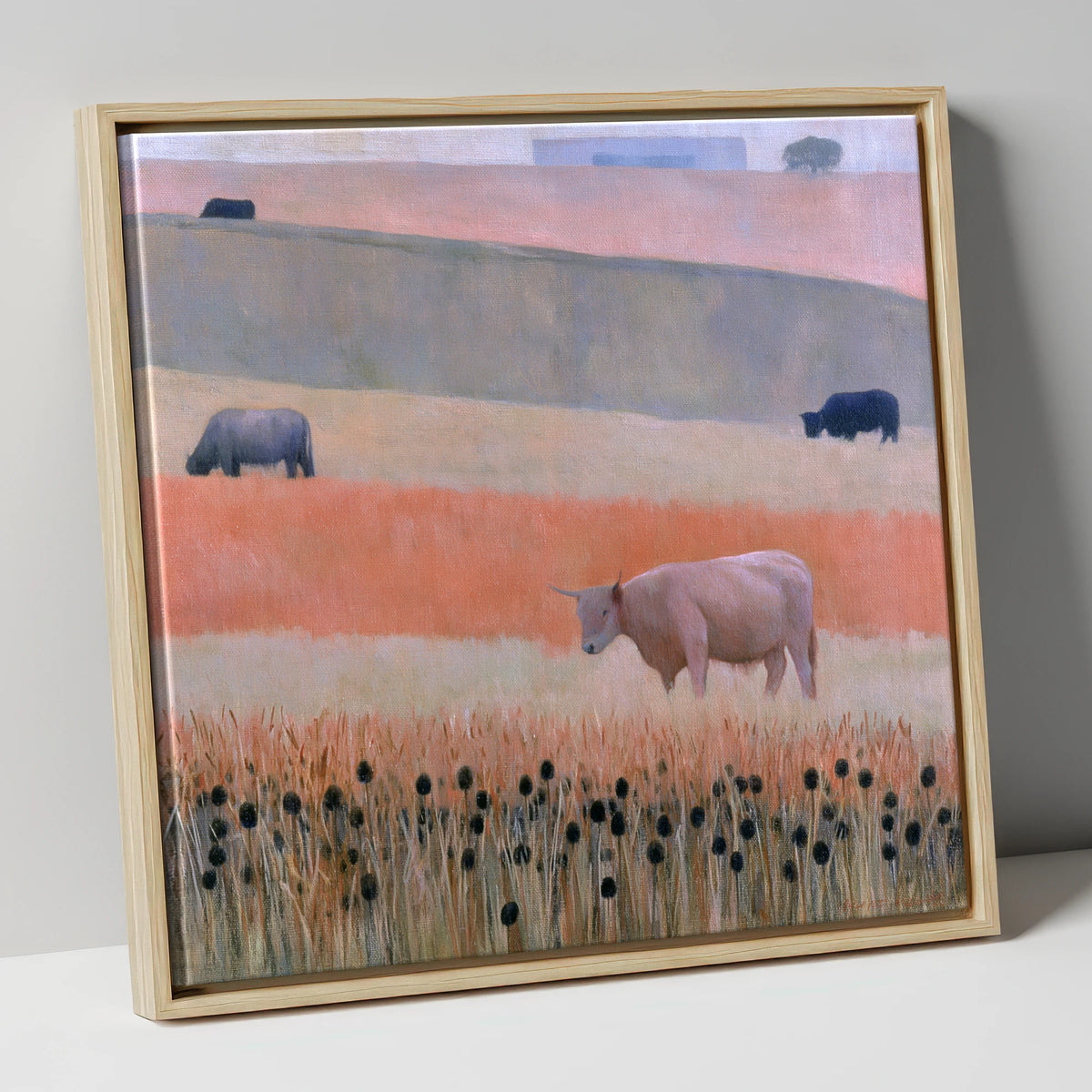 Highland Cattle in Pastel Fells lake district wildlife canvas wall art in natural frame