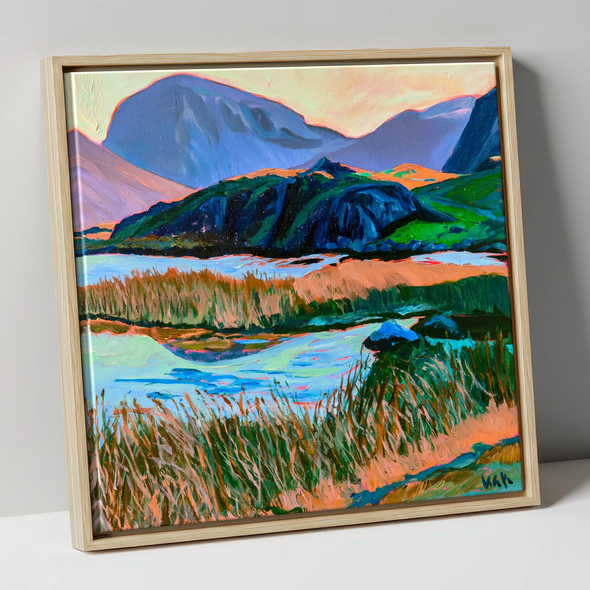 Vivid Tarn Beneath Haystacks lake district fell canvas wall art in natural frame