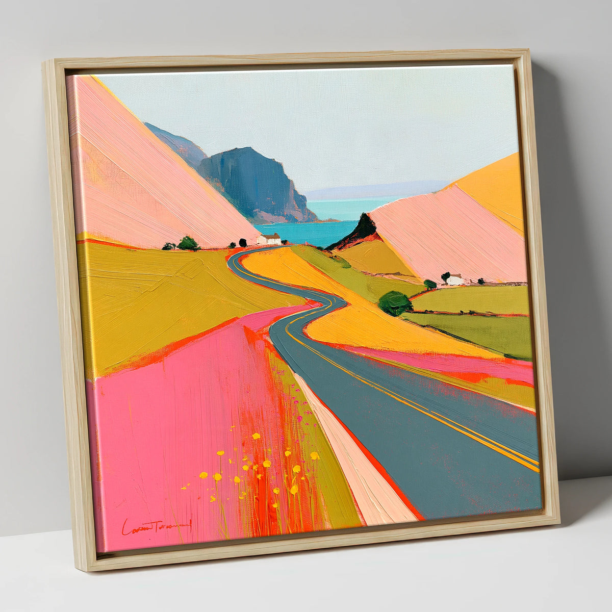 Bold Pink Mountain Pass lake district valley canvas wall art in natural frame