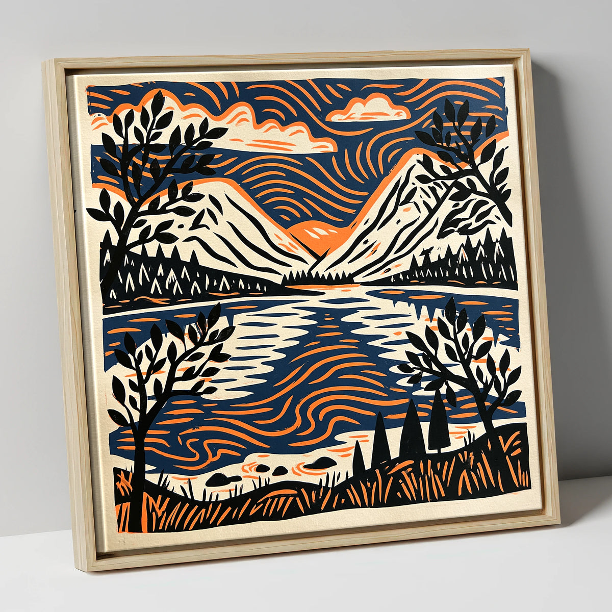 Lake Reflections in Navy and Orange lake district lake canvas wall art in natural frame