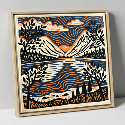 Lake Reflections in Navy and Orange lake district lake canvas wall art in natural frame