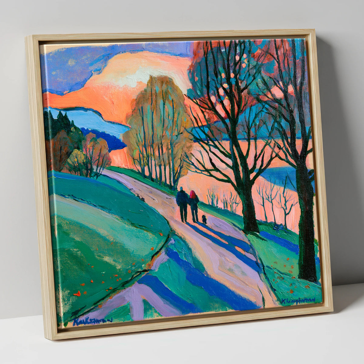 Keswick Sunset Dog Walk gifts for dog walkers canvas wall art in natural frame