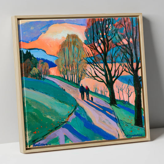 Keswick Sunset Dog Walk gifts for dog walkers canvas wall art in natural frame