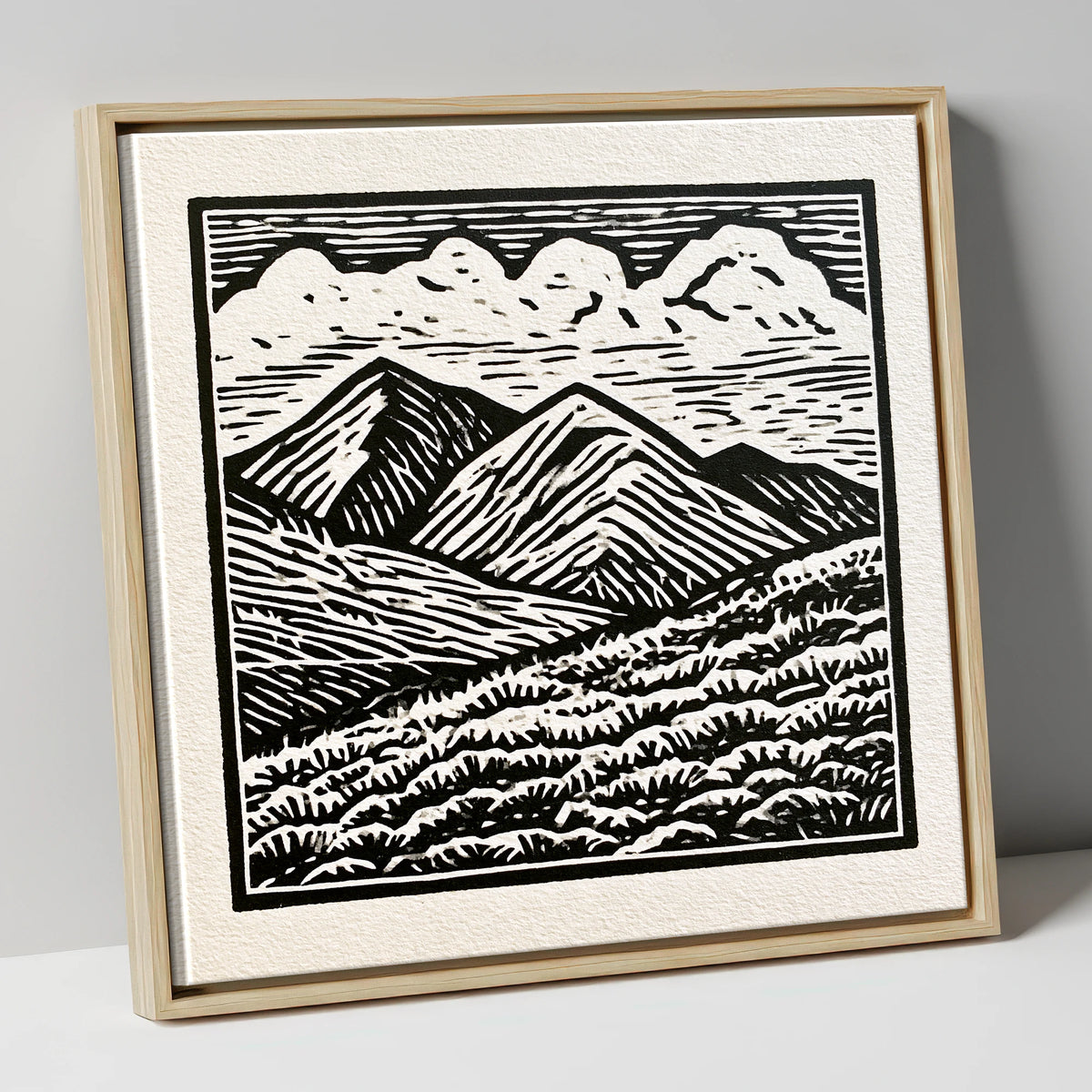 Monochrome Rolling Fells Under Cloud lake district fell canvas wall art in natural frame