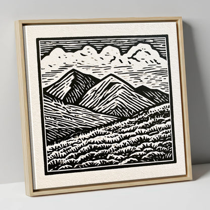 Monochrome Rolling Fells Under Cloud lake district fell canvas wall art in natural frame