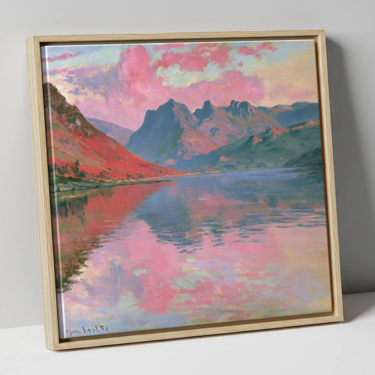 Loweswater Beneath Pink Sunset Skies lake district lake canvas wall art in natural frame