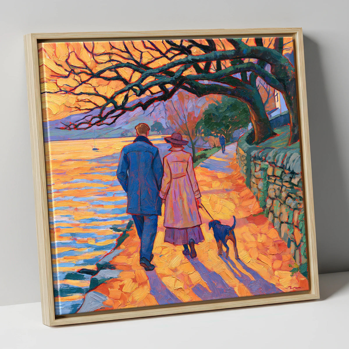 Sunset Dog Walk at Hawkshead gifts for dog walkers canvas wall art in natural frame