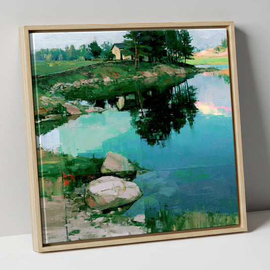 Lakeside Cottage And Turquoise Reflections lake district lake canvas wall art in natural frame