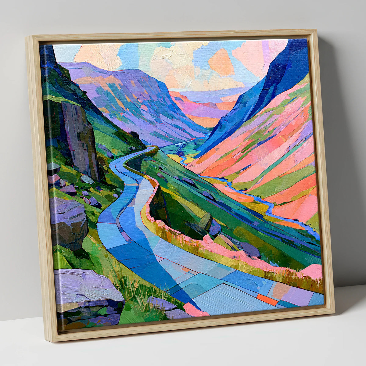 Colourful Winding Mountain Pass lake district valley canvas wall art in natural frame