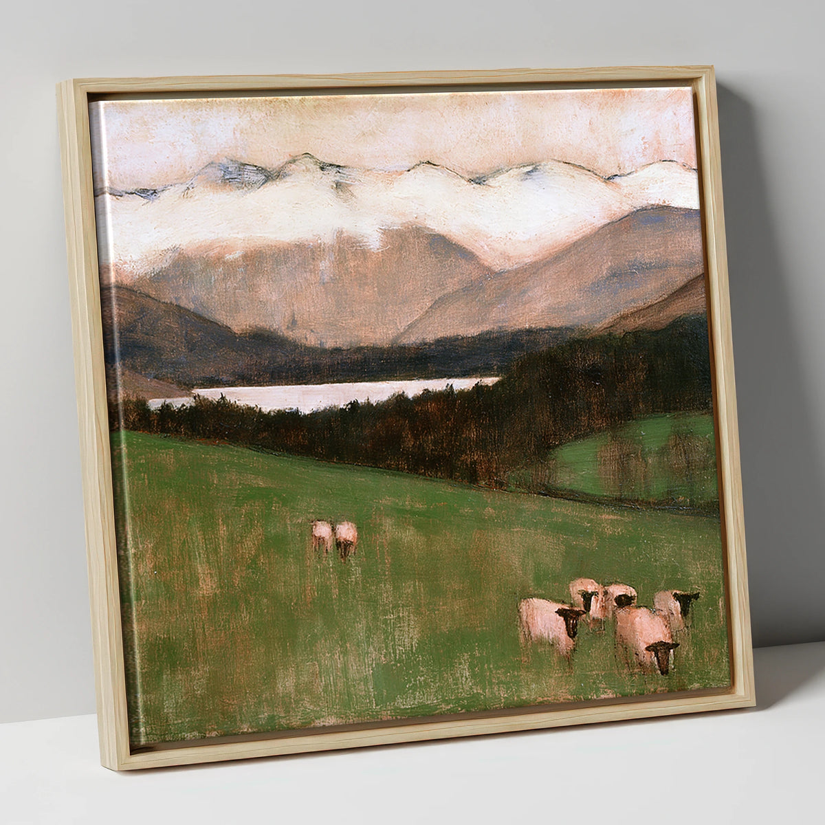 Hawkshead Pasture in Warm Light lake district village canvas wall art in natural frame