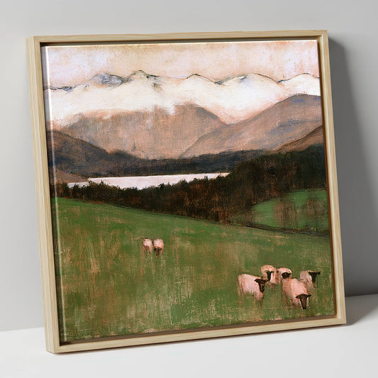 Hawkshead Pasture in Warm Light lake district village canvas wall art in natural frame
