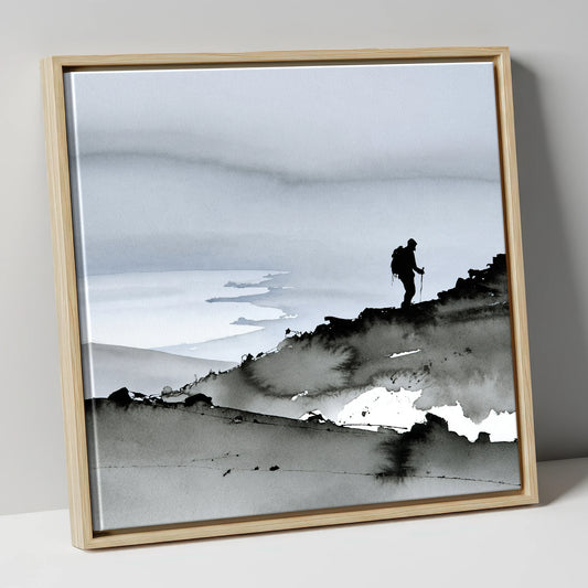 Skiddaw Walker and Bassenthwaite Mist lake district fell canvas wall art in natural frame