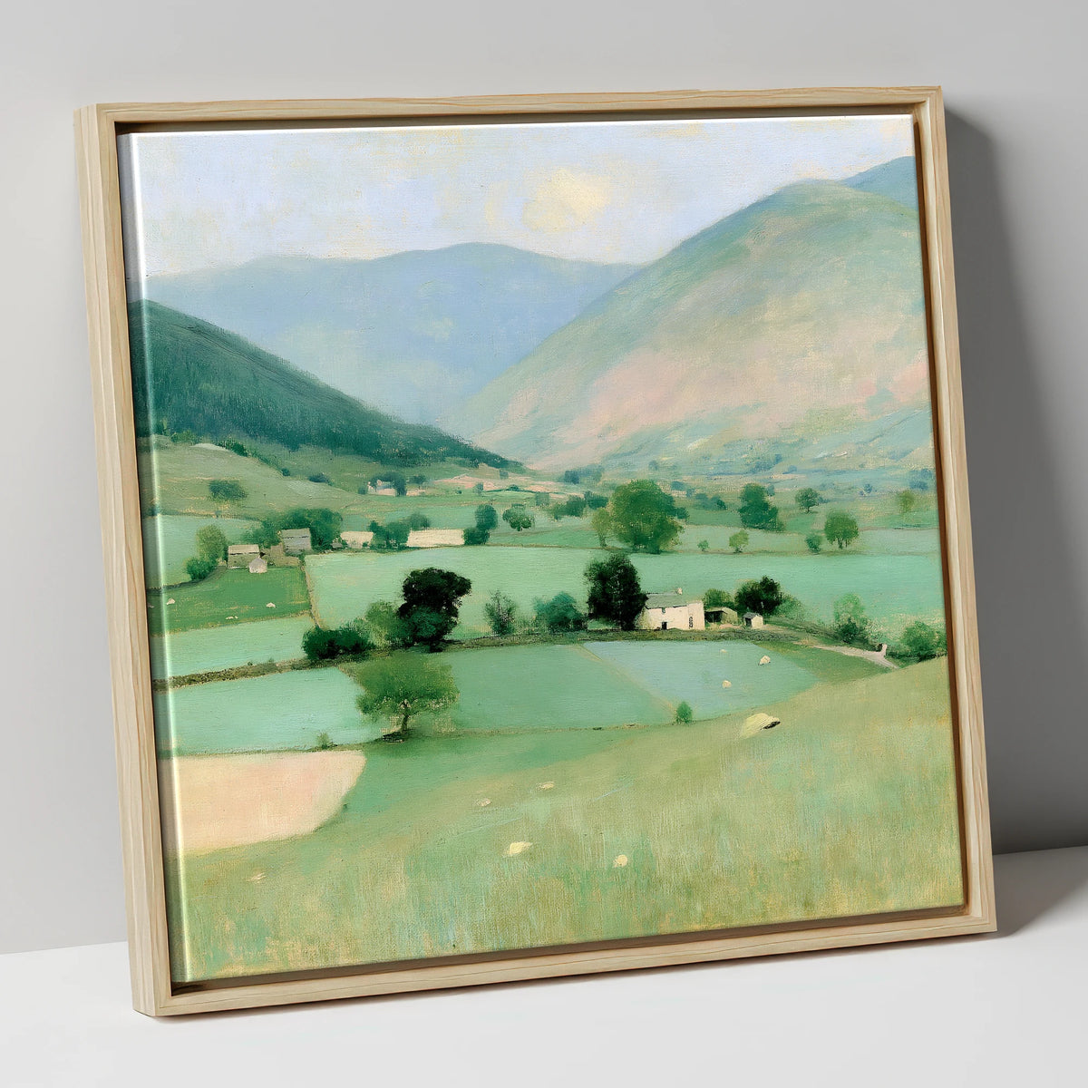 Patchwork Fields Beneath Hazy Fells lake district valley canvas wall art in natural frame