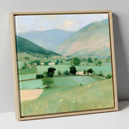 Patchwork Fields Beneath Hazy Fells lake district valley canvas wall art in natural frame