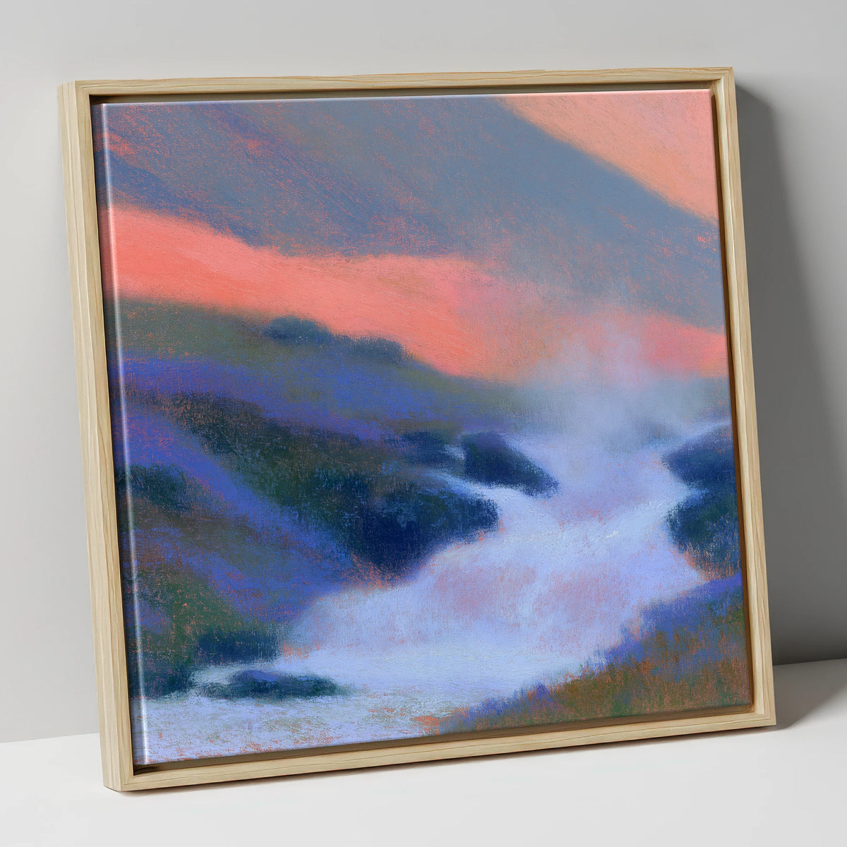 Pink Twilight Over Fellside Beck lake district waterfall canvas wall art in natural frame