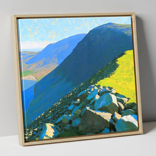 Middle Fell Ridge and Sunlit Boulders lake district fell canvas wall art in natural frame