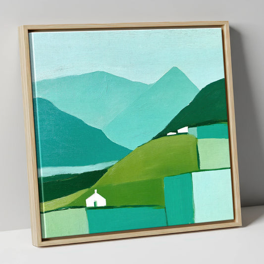 Abstract Keswick Fells in Green lake district village canvas wall art in natural frame