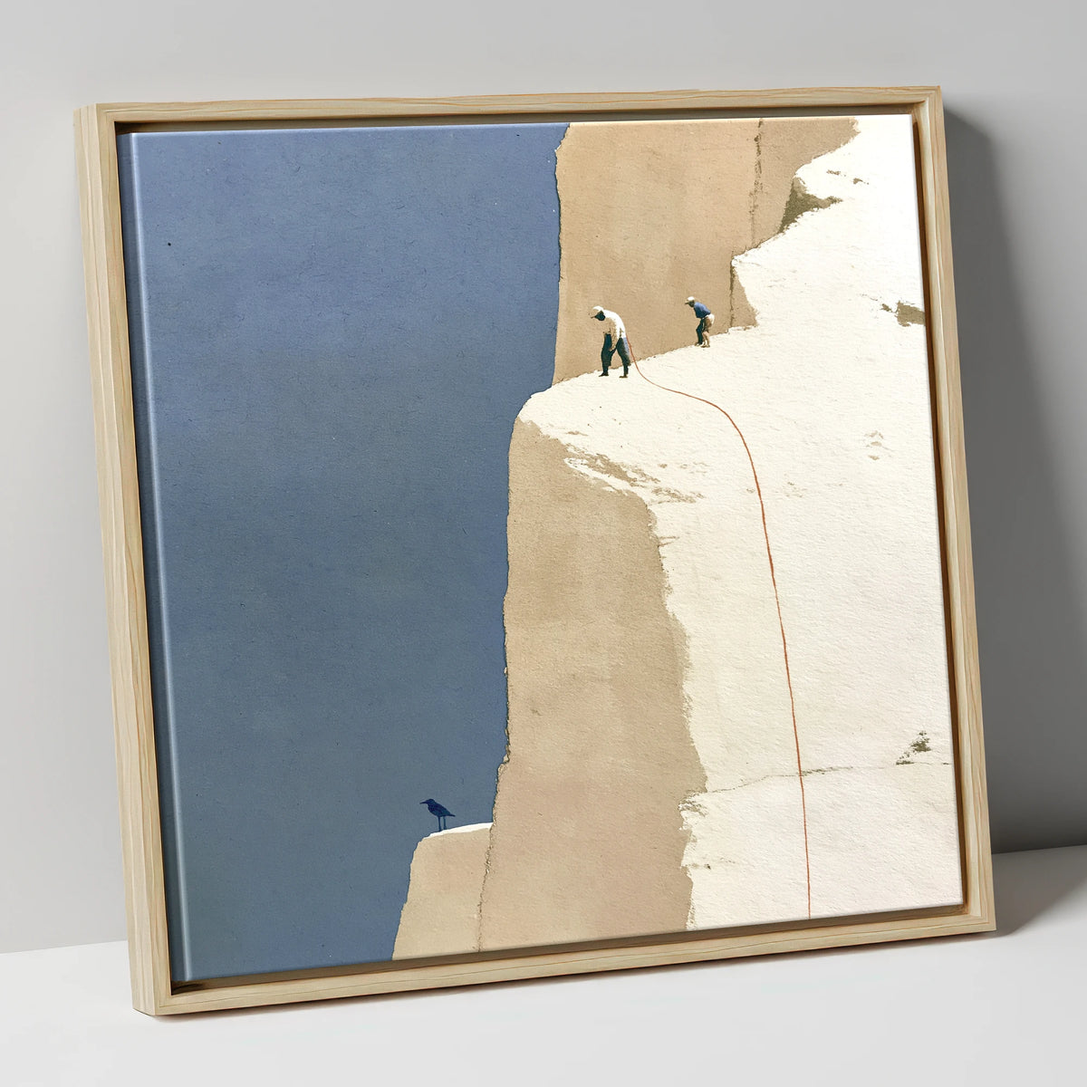 Climbers on High White Fell Ledges lake district walking canvas wall art in natural frame