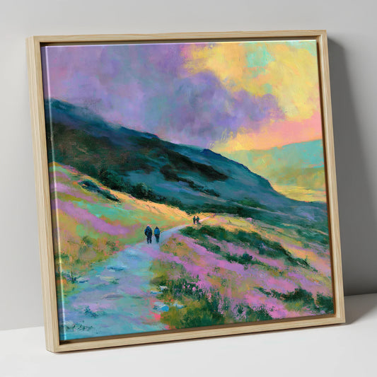 Walkers on Pastel Mountain Path lake district walking canvas wall art in natural frame
