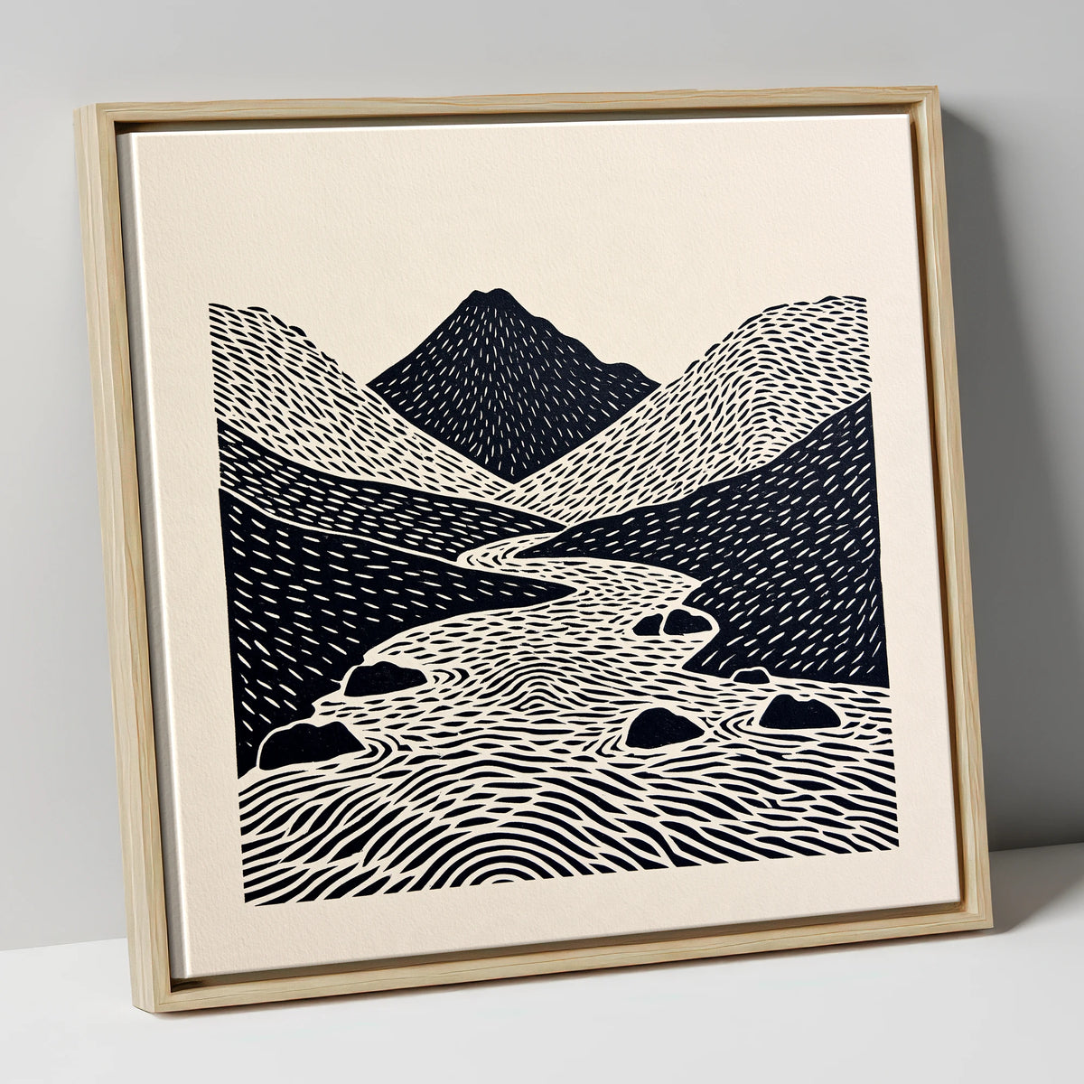 Bold Scafell Pike and Beck lake district fell canvas wall art in natural frame