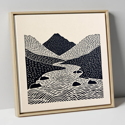 Bold Scafell Pike and Beck lake district fell canvas wall art in natural frame