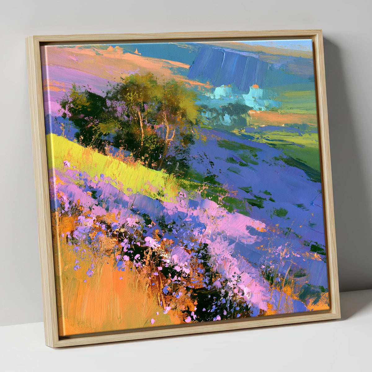 Vibrant Heather Fellside in Bloom flowers & fellsides canvas wall art in natural frame