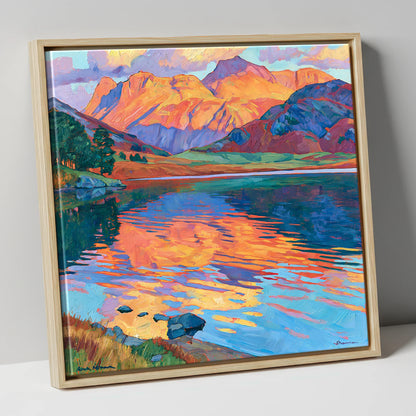 Radiant Fells and Lake Reflections lake district lake canvas wall art in natural frame