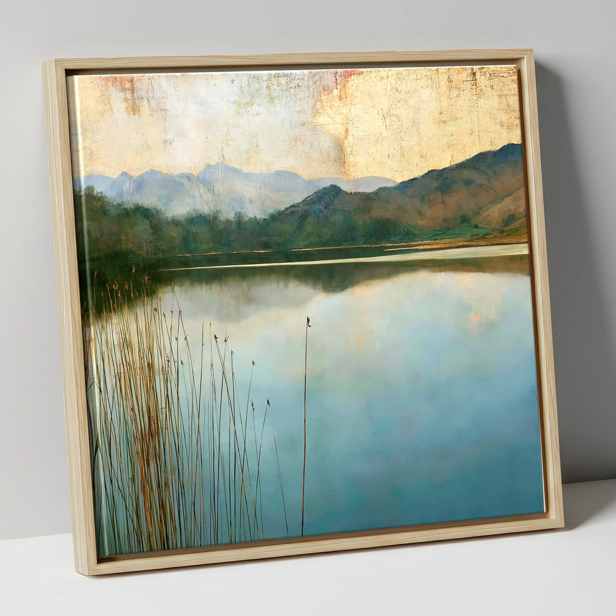 Elterwater Beneath a Golden Sky lake district lake canvas wall art in natural frame
