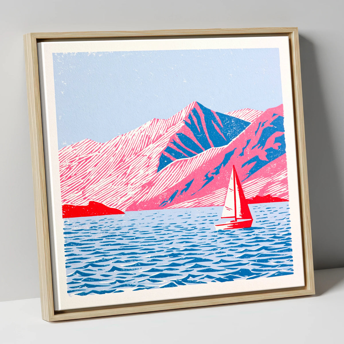 Red Sailboat on Vibrant Ullswater lake district lake canvas wall art in natural frame
