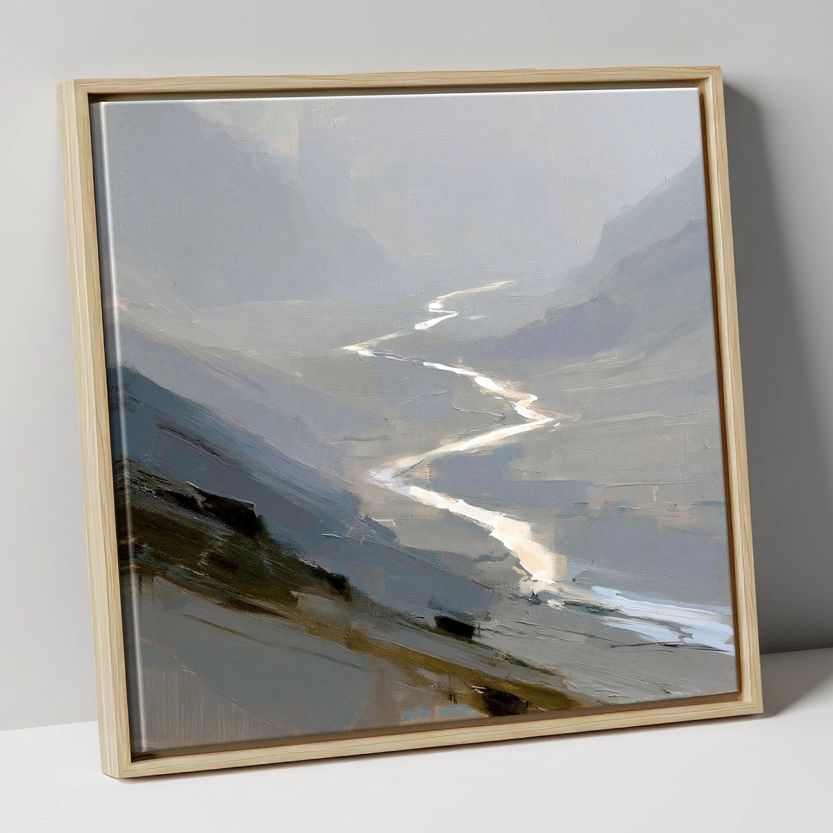 Winding River in Misty Valley lake district waterfall canvas wall art in natural frame