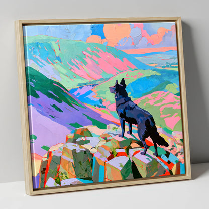 Black Dog on Vibrant Haystacks haystacks wall art canvas wall art in natural frame