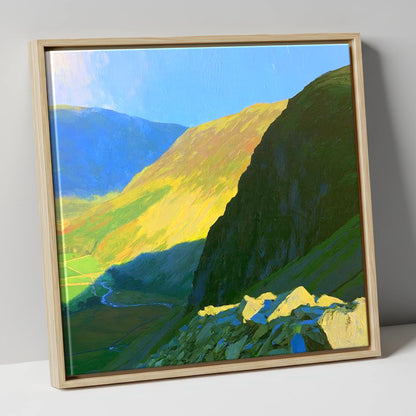 Sunlit Tarn Crag and Valley lake district fell canvas wall art in natural frame